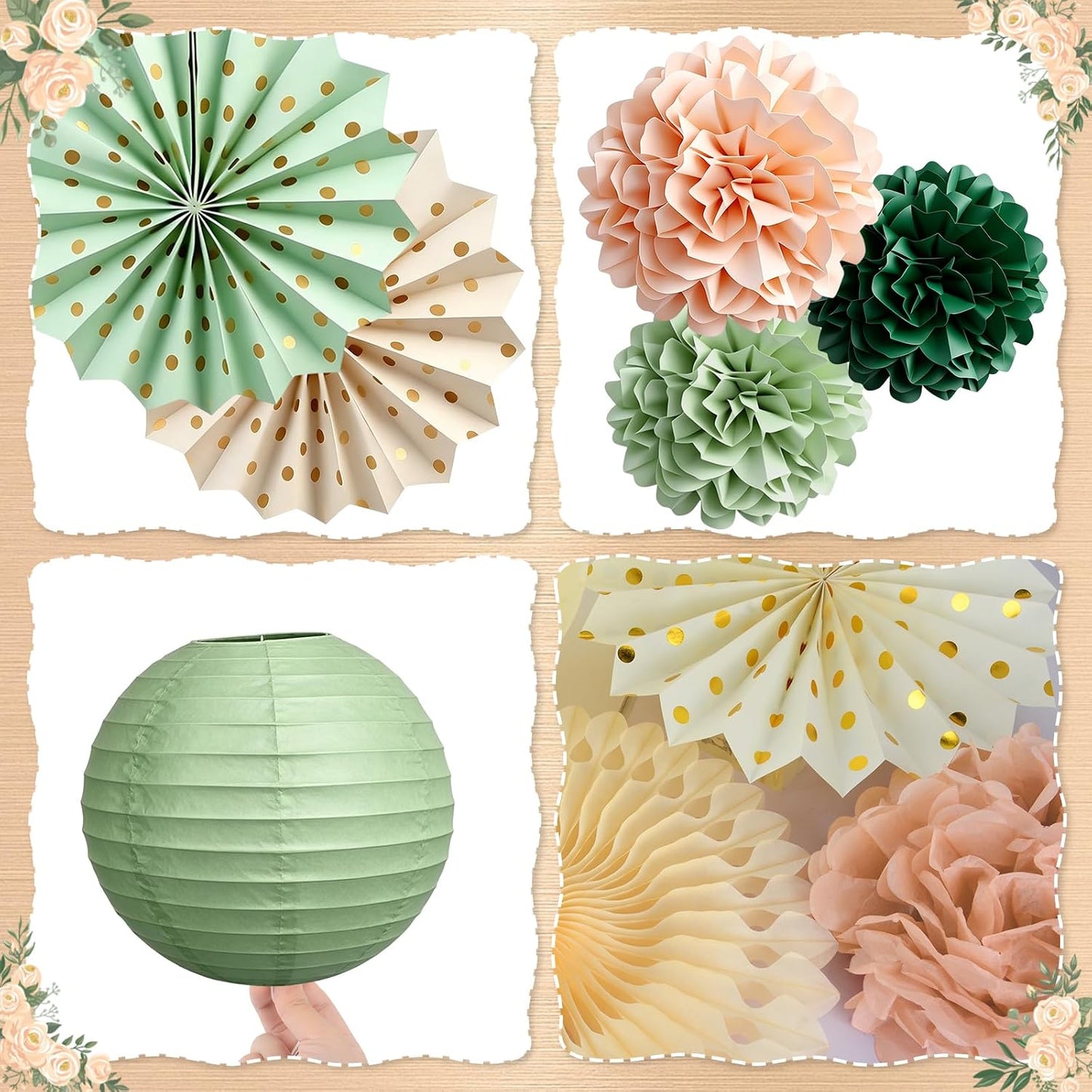 Sage Green and Peach Party Decorations, Boho Birthday Decorations for Women Girls, Baby Shower Decorations with Olive Peach Paper pom pom, Lanterns, Fans for Bridal Shower Wedding Engagement