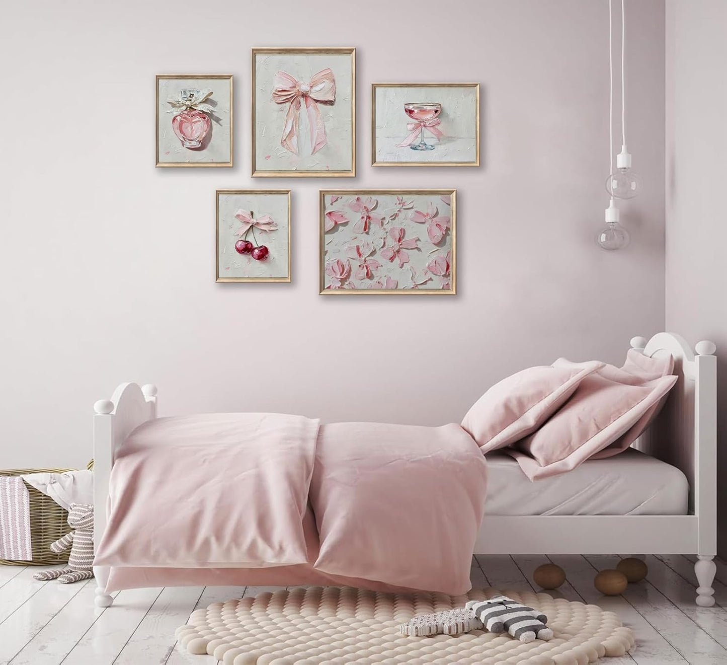 YFTTRYZ 5Pcs Pink Bows Wall Art Trendy Preppy Room Wall Decor Pink Cherry Perfume Posters Oil Painted Bows Prints for Girls Bedroom Dorm Apartment Home Unframed