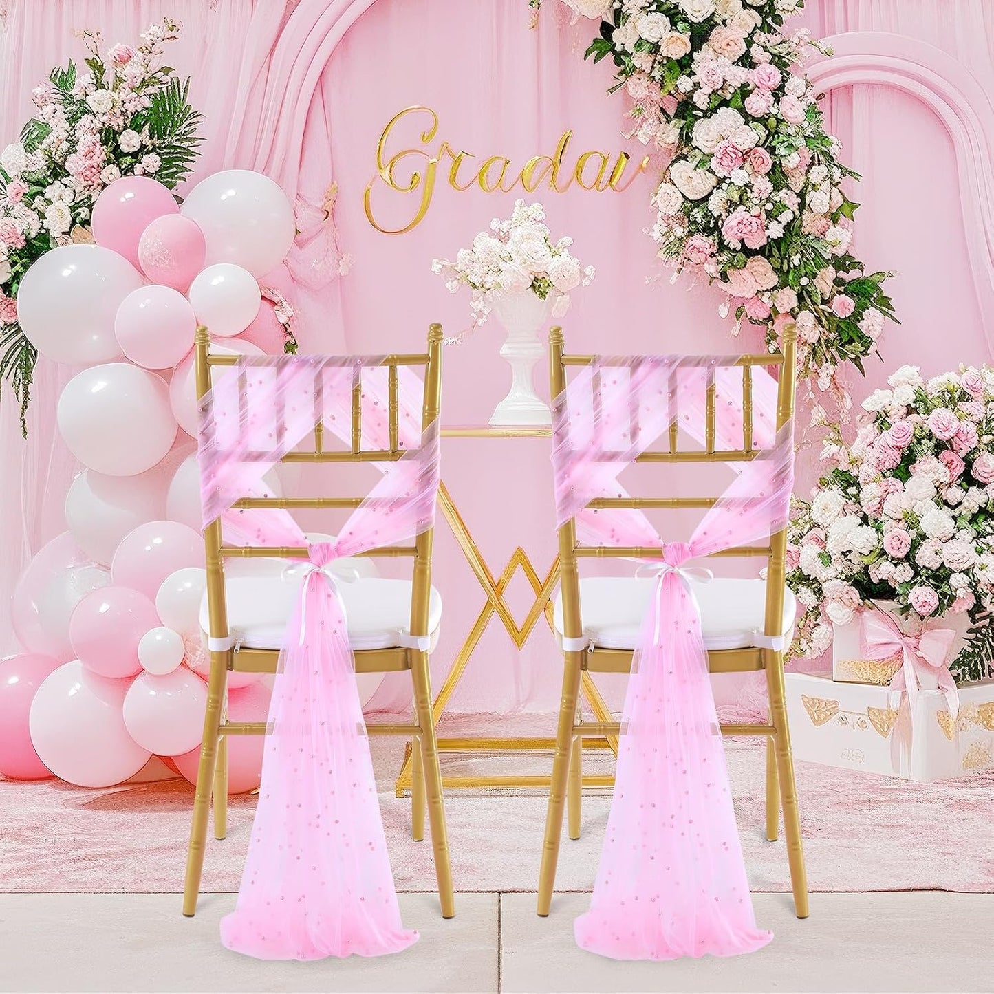 QueenDream Pink Pearls Chair Sashes Wedding Decorations: 16 Packs Tulle Draping Fabric Sheer Church Chair Cover Bulk for Birthday Party Banquet