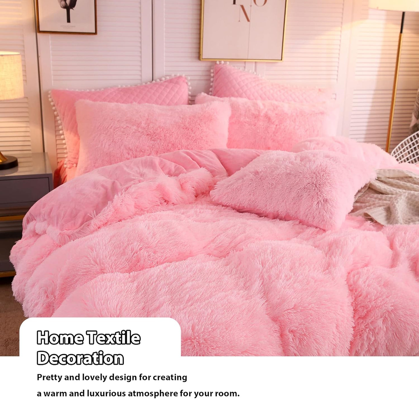LIFEREVO 2 Pack Shaggy Plush Faux Fur Pillow Shams Fluffy Decorative Pillowcases Zipper Closure (Standard, Pink)