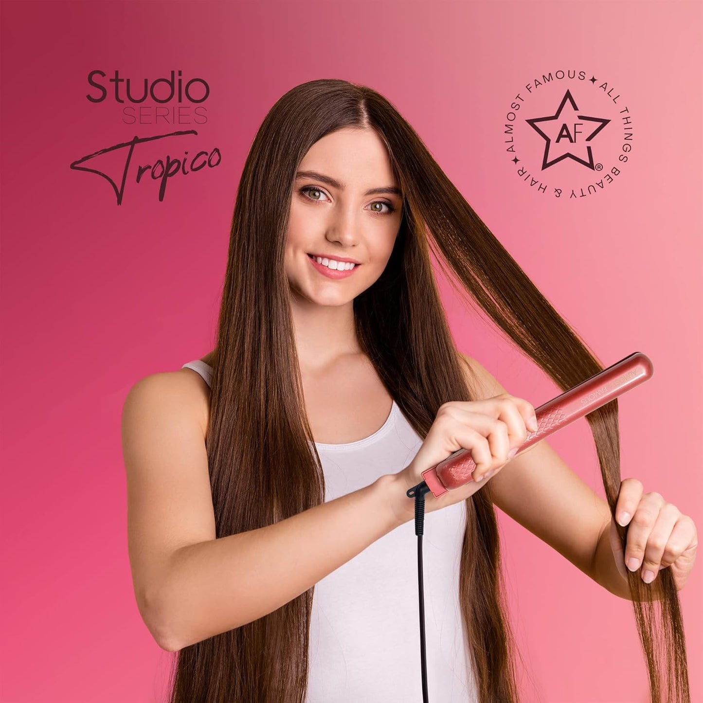 Almost Famous Tropico Tourmaline Ceramic 1.25" Professional Hair Straightener Flat Iron Pro for Hair Styling, Tourmaline Ceramic Panel with Adjustable Temperature - (Hibiscus Pink (New Model)