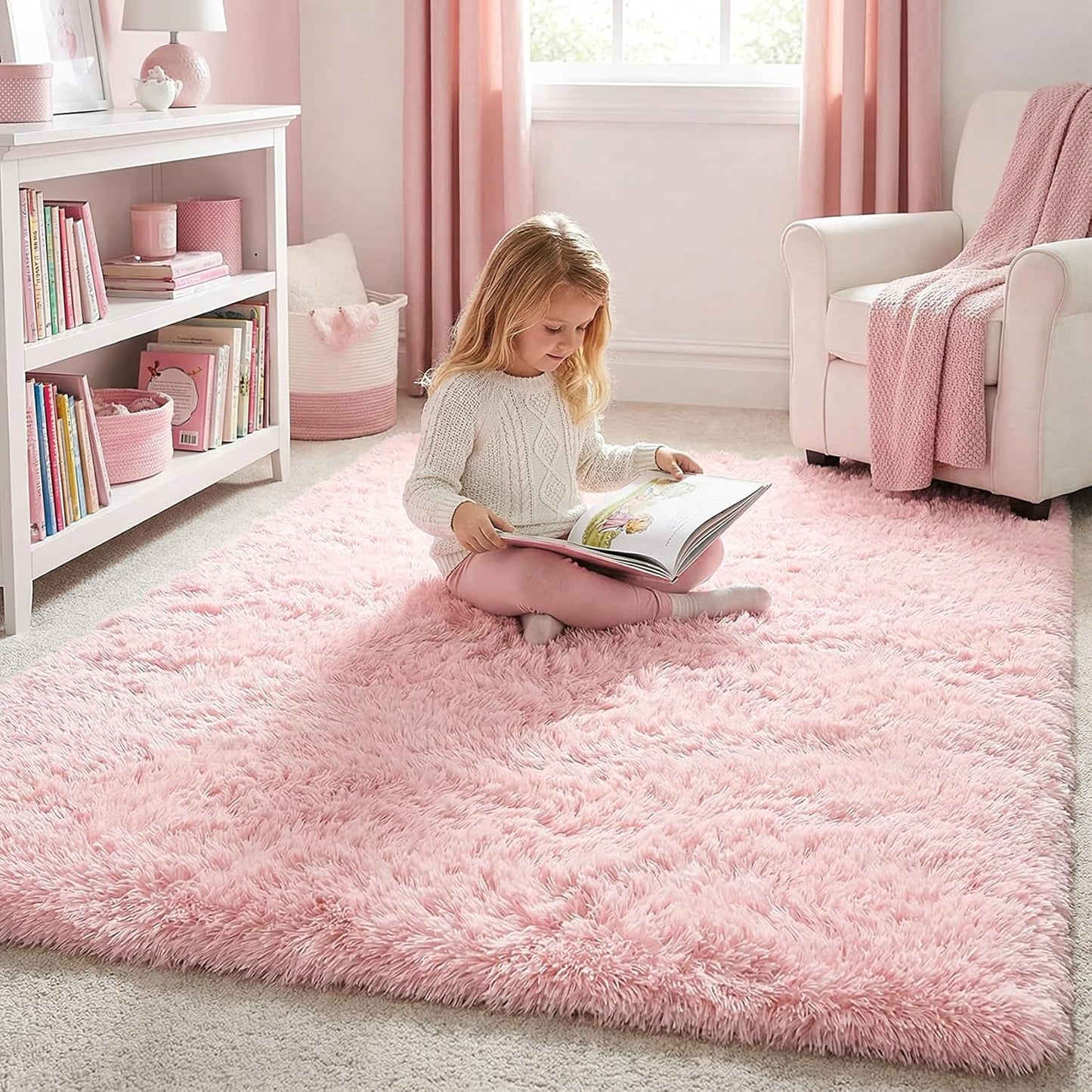 Light Pink Area Rugs for Bedroom Girls, Living Room Decor, Fluffy Fuzzy Plush Shag Rug 4x6 for Kids Room, Soft Cute Aesthetic Floor Fur Carpet for Baby, Toddler, Teen, Nursery, Preppy Dorm, Playroom