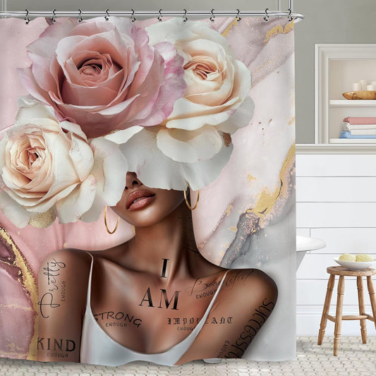 African American Flower Rose Bathroom Shower Curtain 60W by 71H Inch Sexy Pink Black Girl Woman Marble Inspirational Motivational Positive Polyester 12 Plastic Hooks Waterproof Decor