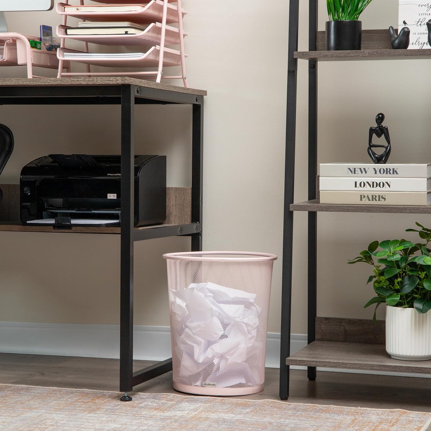 Mind Reader Mesh Trash Can, 16.65L (4.4 gal), Waste Paper Basket, Round, Office, Metal Mesh, Pink