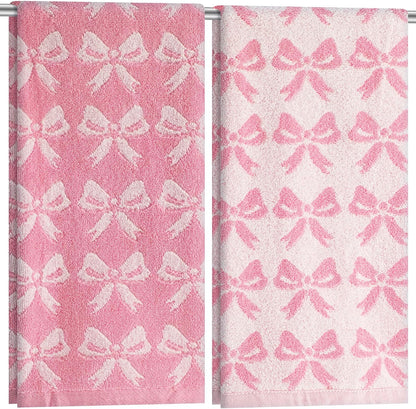 Mindsoft 2 Pcs Pink Bow Hand Towels 100% Cotton 13 x 29 Inch Soft Decorative Bathroom Towels Absorbent for Gym Spa Guest Room