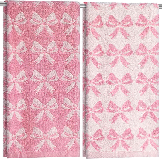 Mindsoft 2 Pcs Pink Bow Hand Towels 100% Cotton 13 x 29 Inch Soft Decorative Bathroom Towels Absorbent for Gym Spa Guest Room