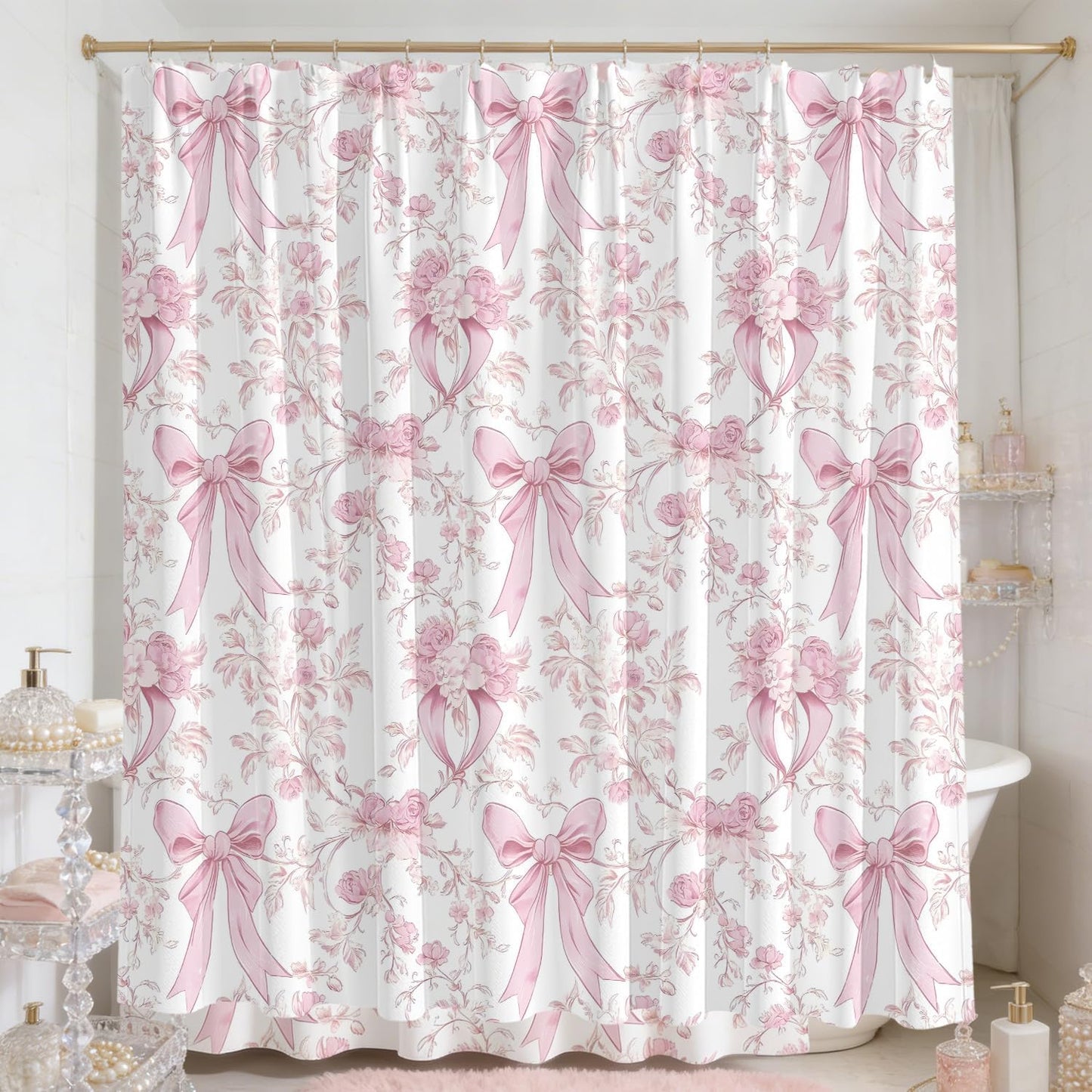Pink Bow Shower Curtain Decor, Pink and White Girly Shower Bath Tub Curtain, Aesthetic Coquete Waterproof Bathroom Decor(72 X 72 Inches)