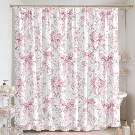Pink Bow Shower Curtain Decor, Pink and White Girly Shower Bath Tub Curtain, Aesthetic Coquete Waterproof Bathroom Decor(72 X 72 Inches)