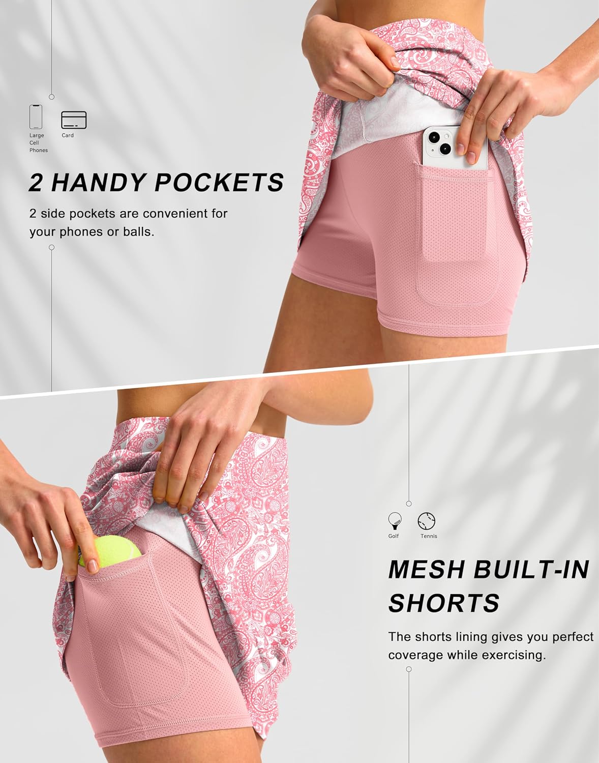 SANTINY 16" Golf Skorts Skirts for Women with 4 Pockets Women's High Waisted Stretchy Tennis Skirt Athletic Skort