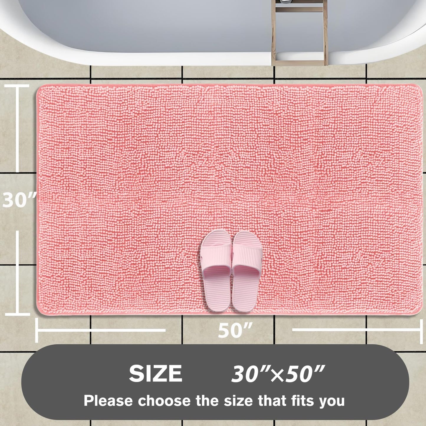 Bathroom Rugs 30 x 50 Inch – Extra Large Bath Mat | Absorbent and Washable Thick Chenille Bath Rugs Non-Slip Runner Rug for Bathroom, Shower, Tub(Pink)
