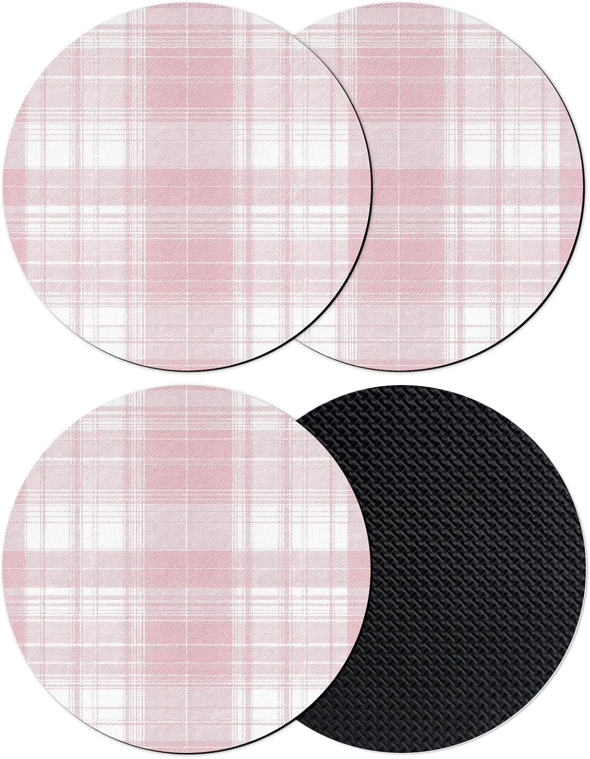 Coasters Set of 4, Pink Buffalo Plaid Round Drink Coasters for Coffee Table Decor, Farmhouse Modern Checkered Absorbent Cup Coaster for Housewarming Gift/Home Décor, 4 Inches