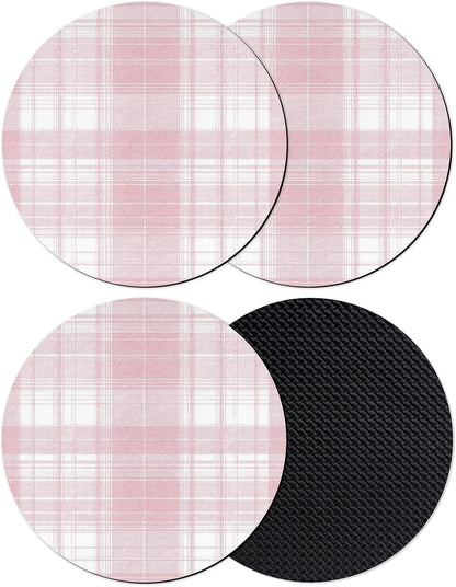 Coasters Set of 4, Pink Buffalo Plaid Round Drink Coasters for Coffee Table Decor, Farmhouse Modern Checkered Absorbent Cup Coaster for Housewarming Gift/Home Décor, 4 Inches