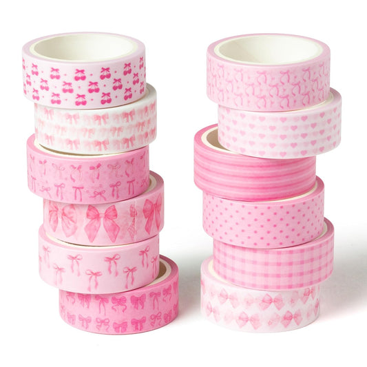 12pcs Pink Bow Washi Tape, Trendy Watercolor Pink Bow Cherry Preppy Aesthetic Decorative Tape, Cute Bowknot Heart Buffalo Plaid Artistic Tape for DIY Craft Scrapbook Wrapping Decor