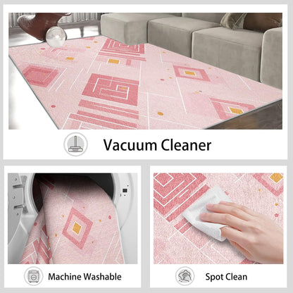 Modern Geometry 5x7 Area Rugs for Living Room, Washable Abstract Geometric Large Rug, Minimalist Pink Pattern Carpet Soft Low Pile Non Slip for Bedroom Home Decor HEC7sc