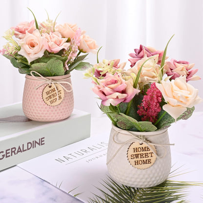 LUEUR Artificial Flowers with Vase, 2pcs Pink Silk Roses in Pot, Fake Flowers Decoration in Ceramics Vase Faux Floral Arrangement for Table Centerpieces Spring/Summer Decor Home Office Farmhouse
