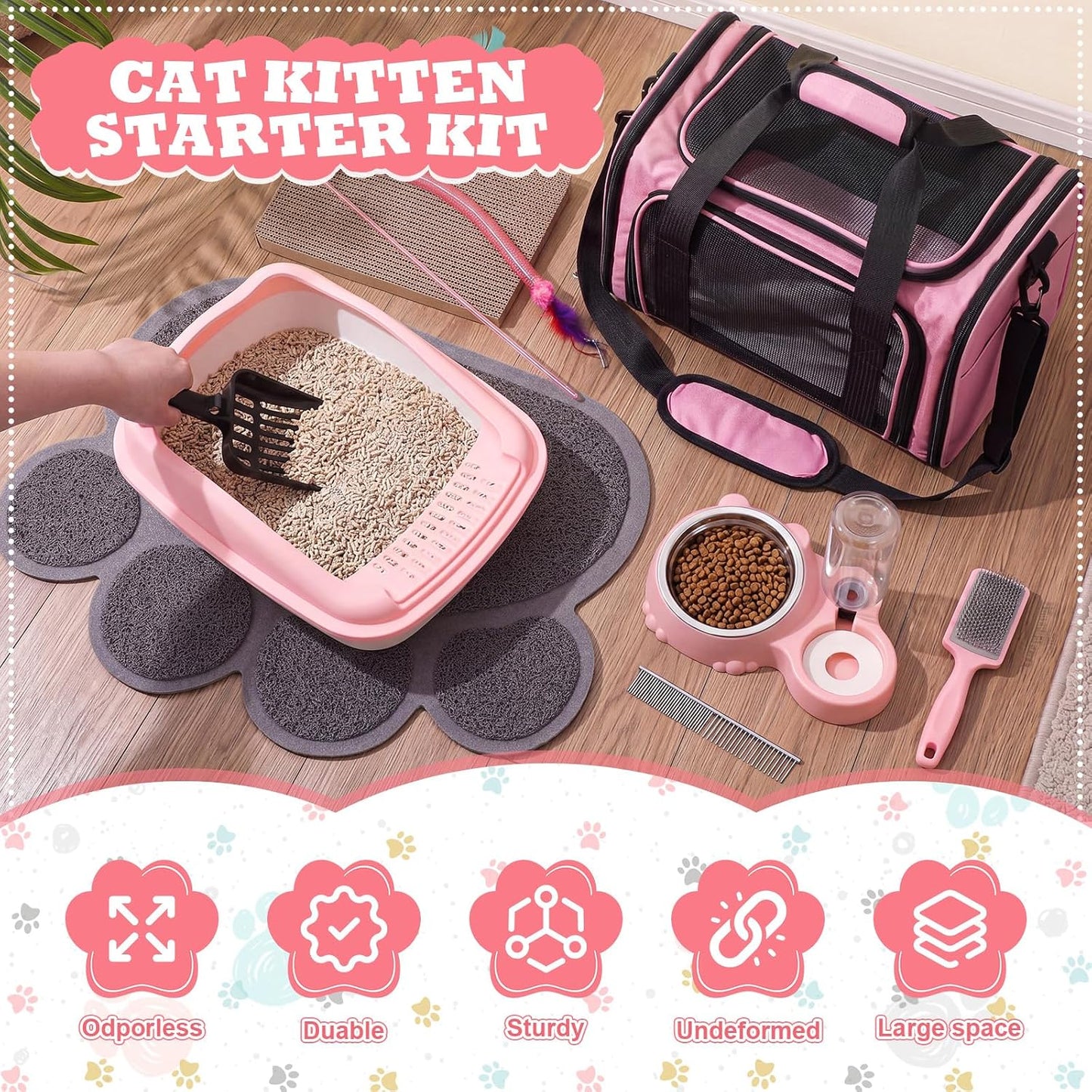 8 Pcs Kitten Supplies Starter Kit, Cat Kitten Starter Kit Essentials Includes Cat Litter Box mat Bowls Folding Carrier Scratch Pad Accessories for Welcome Gift Supplies(Pink)