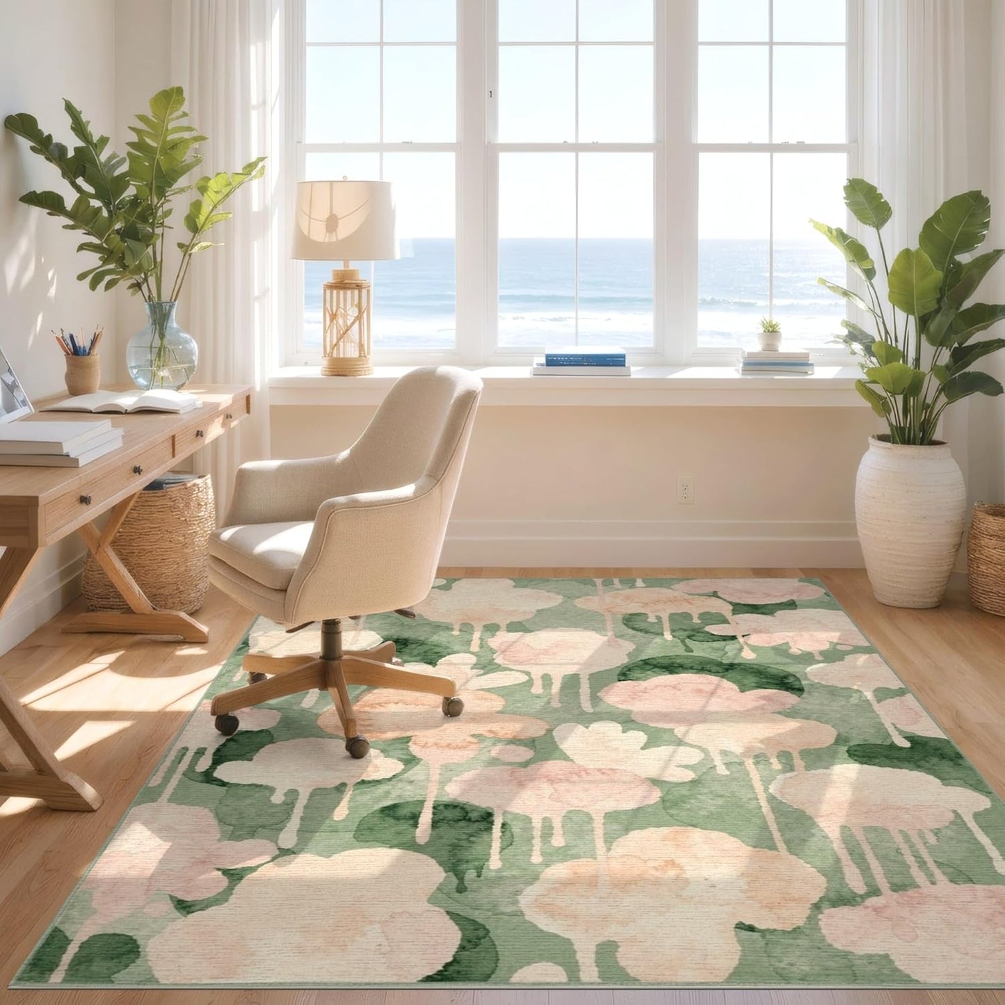 Design&I 4'x6' Machine Wash Ready Modern Floral Area Rug, Peach Chair-Friendly & Snag-Free Skid-Resistant Medium Carpet for Home Office, Gaming Room, Under Desk | 2167369
