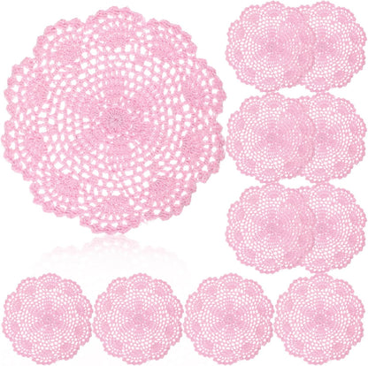 10 Pcs 8 Inch Cute Crochet Doilies Crochet Flower Coasters Handmade Cotton Coaster Round Lace Placemats with Floral Patterns Doily Cloth Set Spring Wedding Easter Party Decoration(Pink)