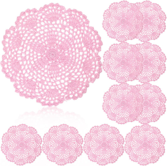10 Pcs 8 Inch Cute Crochet Doilies Crochet Flower Coasters Handmade Cotton Coaster Round Lace Placemats with Floral Patterns Doily Cloth Set Spring Wedding Easter Party Decoration(Pink)
