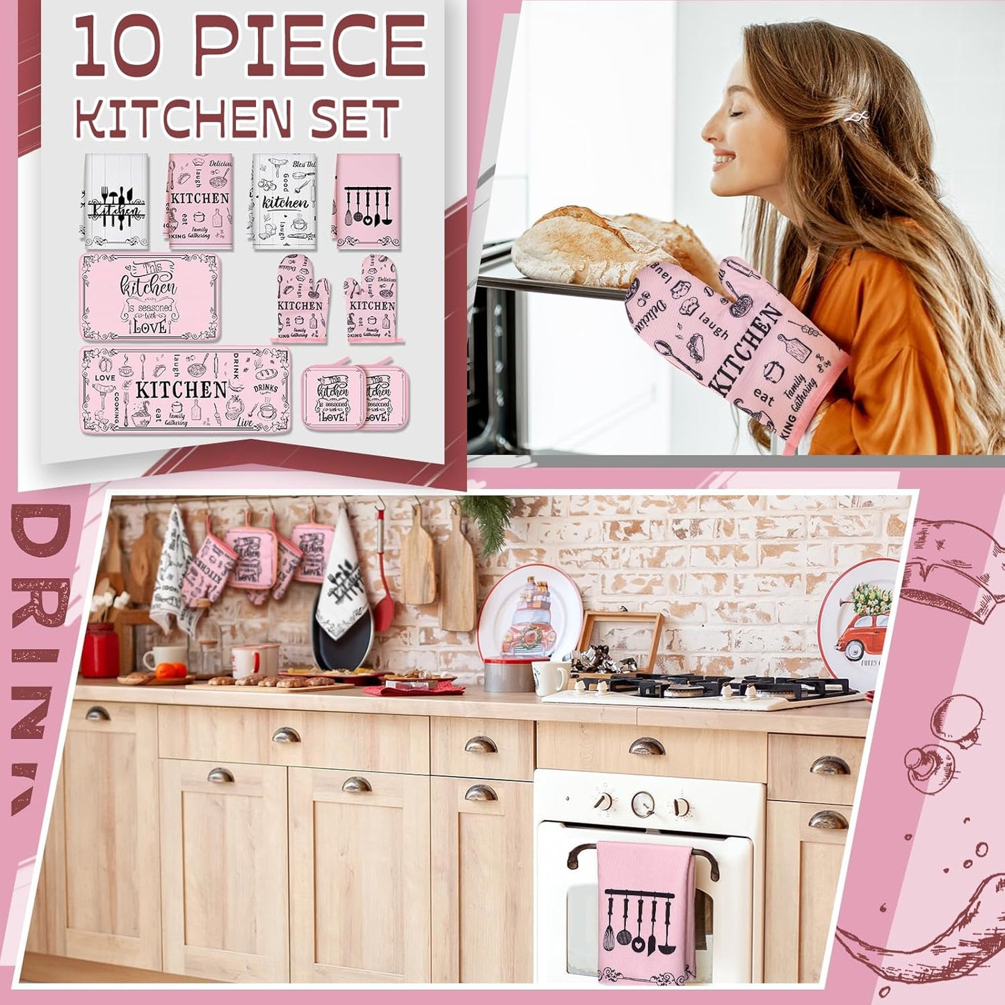 Fourluoo 10 Pcs Funny Pink Kitchen Decor Set 4 This Kitchen is Seasoned with Love Dish Towel 2 Pot Holders with Sayings 2 Oven Mitts Glove Rustic Non Slip Rug and Mat for Home Decoration Mom Gift