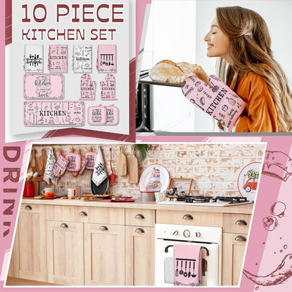 Fourluoo 10 Pcs Funny Pink Kitchen Decor Set 4 This Kitchen is Seasoned with Love Dish Towel 2 Pot Holders with Sayings 2 Oven Mitts Glove Rustic Non Slip Rug and Mat for Home Decoration Mom Gift