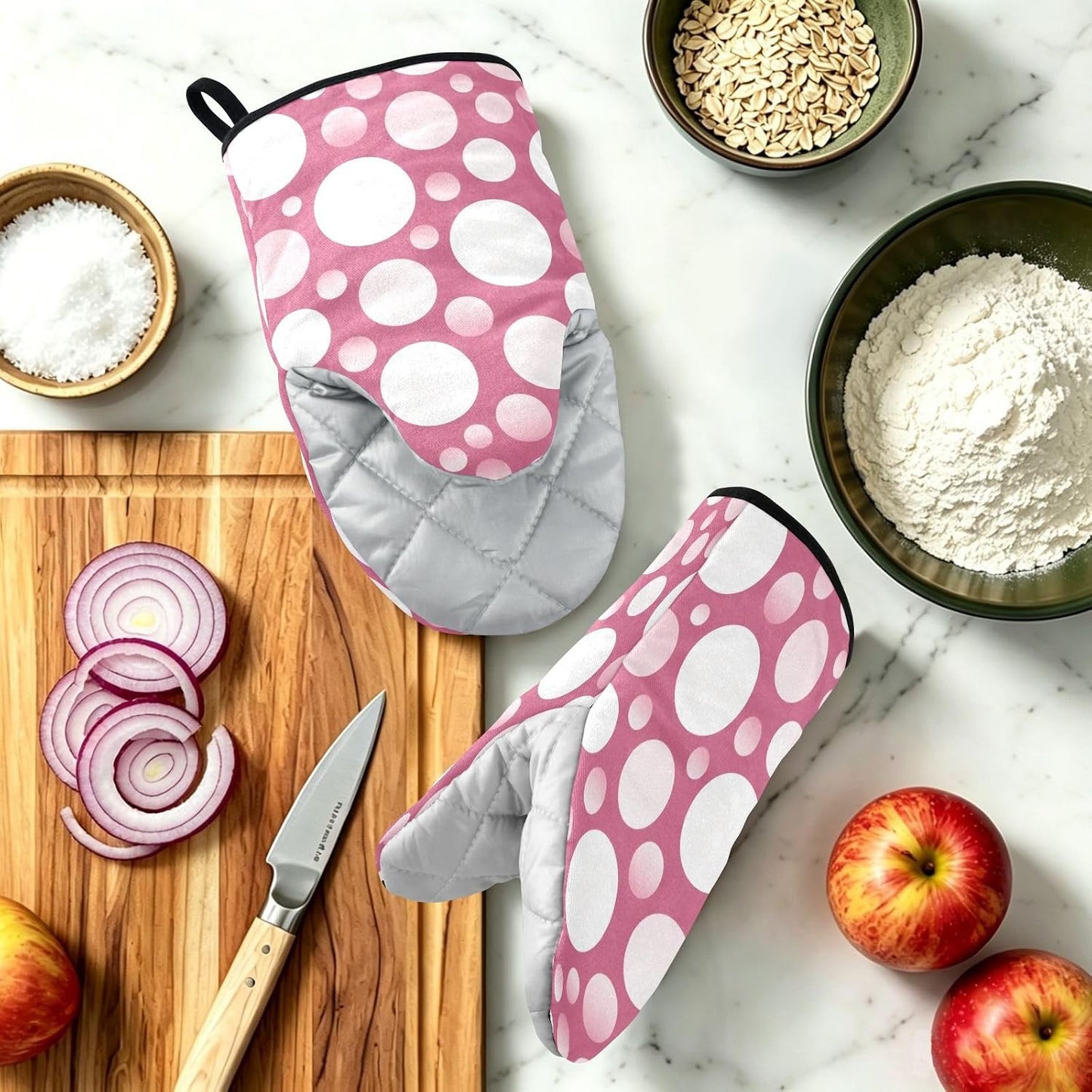 Oven Mitt 2 Pack Set Polka Dots on Pink Kitchen Mitts Gloves for for Cooking Baking Grilling