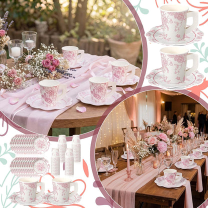 FoldTier 100 Pcs Tea Party Plates and Cups Pink Floral Party Supplies Paper Tea Cups and Saucers Disposable Tableware Sets for Chinoiserie Wedding Baby Shower Birthday Decor Serves 50 Guests