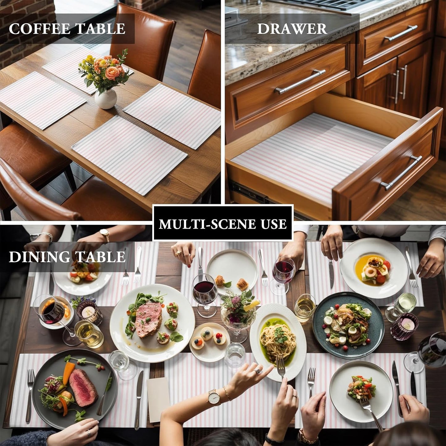 Ombre Pink Grey Striped Placemats Set of 4, Cotton Linen Fabric Place Mats, Farmhouse Modern Stripes Washable Decorative Table Mats Protector for Home Kitchen Dining Wedding Party Coffee Tables