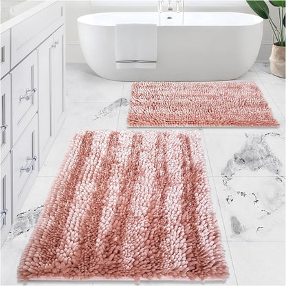 Civkor Bathroom Rugs Mats Set 2 Piece Pink Butter Chenille, Cute Bath Mat Rug Shiny Noodle with Non Slip Backing, Super Water Absorbent Machine Washable 31x20 and 24x16 Inch