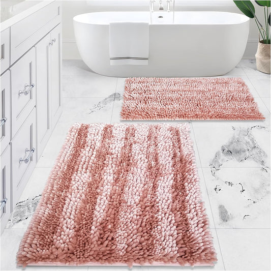 Civkor Bathroom Rugs Mats Set 2 Piece Pink Butter Chenille, Cute Bath Mat Rug Shiny Noodle with Non Slip Backing, Super Water Absorbent Machine Washable 31x20 and 24x16 Inch