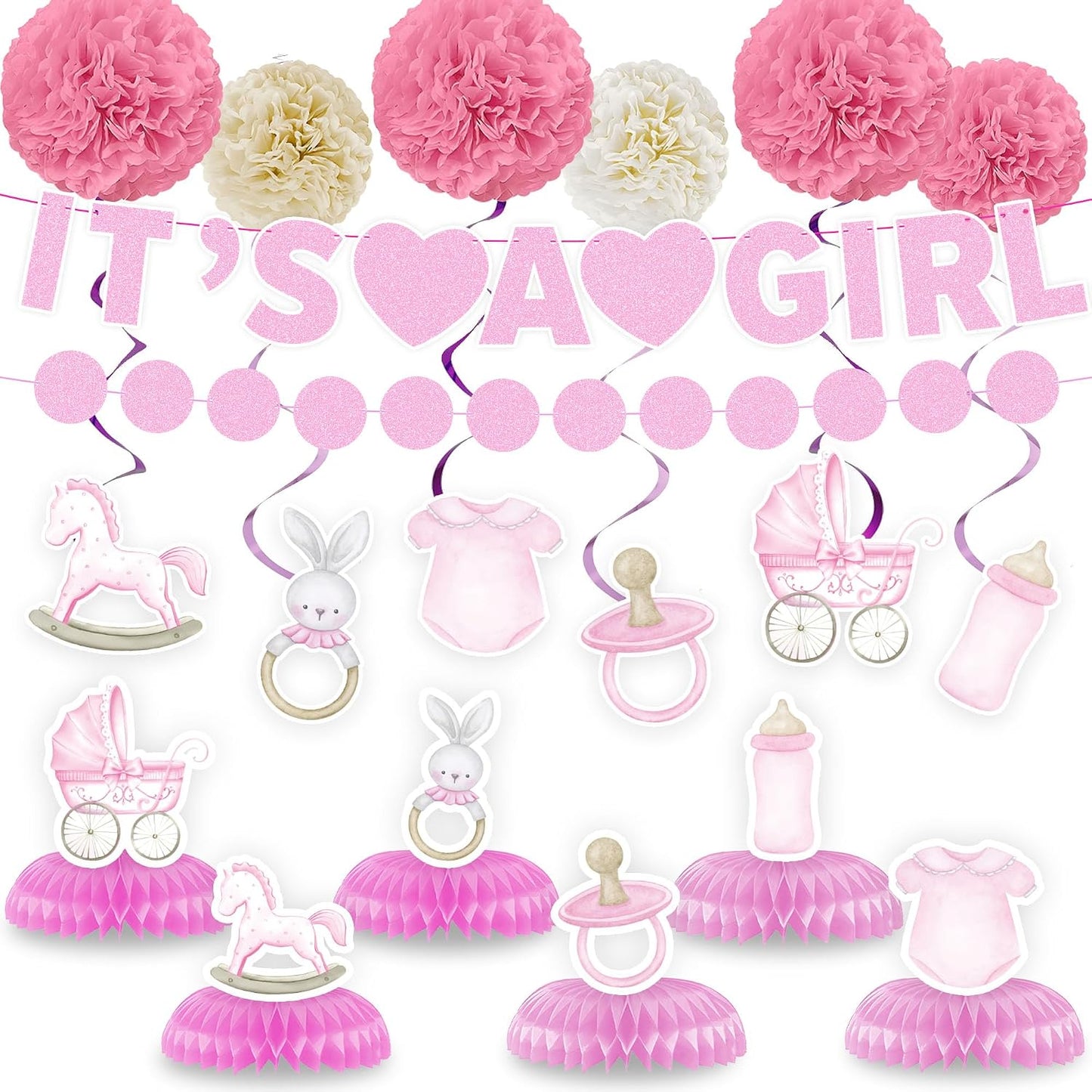20PCS Baby Shower Decorations for Girl, Pink Rose Gold Floral It's a Girl Banner Set with Hanging Swirls Honeycomb Centerpieces Paper Flower Balls, Circle Dot Garland Party Supplies