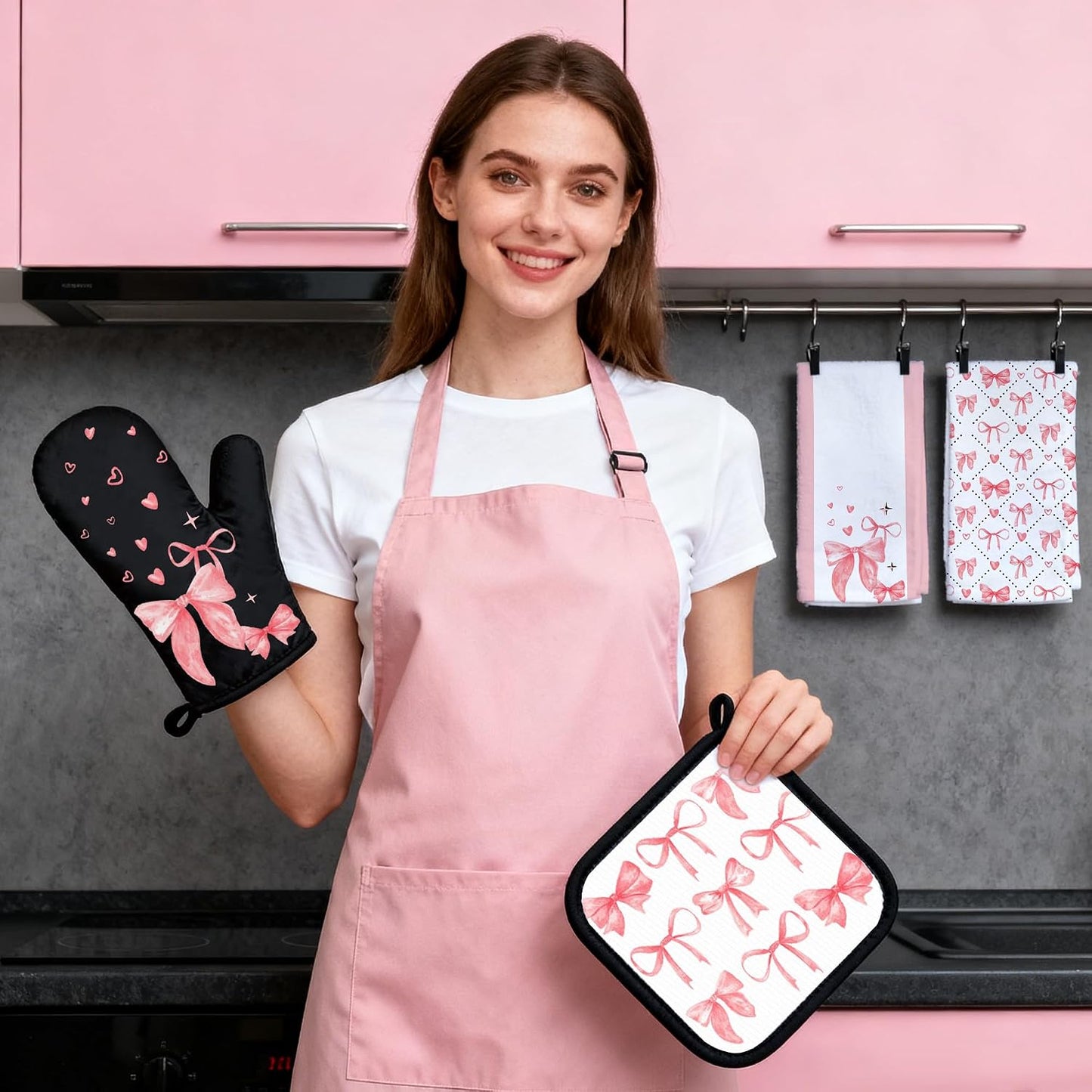 8 Pcs Cute Pink Bow Kitchen Towels and Dishcloths Sets Oven Mitts Pot Holders Set Mother's Day Absorbent Decor Accessories Gloves Potholders Heat Resistant for Chef Baking Cooking Home Gifts