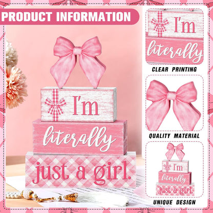 Yousoontic 4 Pcs Pink Decorations Bow Wooden Table Decor Coquette Tiered Tray Signs Girly Rustic Farmhouse Centerpiece for Holiday Tabletop Bedroom Decor for Home Desk Room