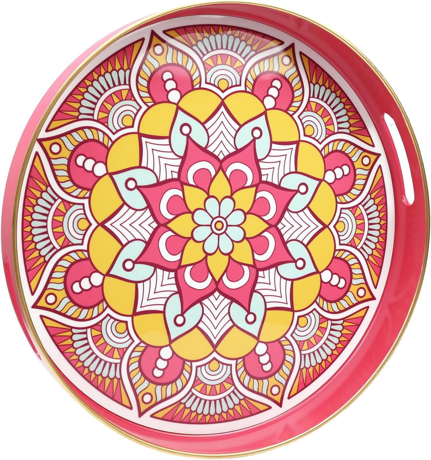 Round Pink Decorative Tray for Coffee Table, Ottoman, 13” Plastic Serving Platter Tray with Handles for Entertaining, Living Room