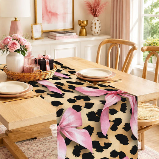 Cheetah Leopard Pink Bow Table Runner, Brown Girls Girl Animal Kitchen Dining Table Decoration Wild Fashion Girly Cute Design for Home Party Decor 13x72 Inch