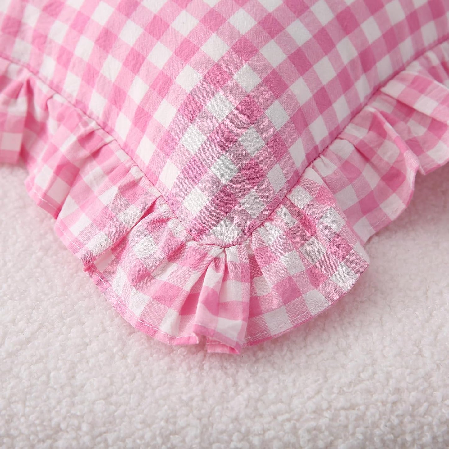 2 Pack Pink White Plaid Ruffle Gingham Throw Lumbar Pillow Shams, 100% Washed Cotton Girly Farmhouse Decorative Checkered Pillow Covers Zipper Closure - 20''x12''