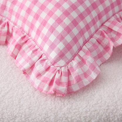 2 Pack Pink White Plaid Ruffle Gingham Throw Lumbar Pillow Shams, 100% Washed Cotton Girly Farmhouse Decorative Checkered Pillow Covers Zipper Closure - 20''x12''