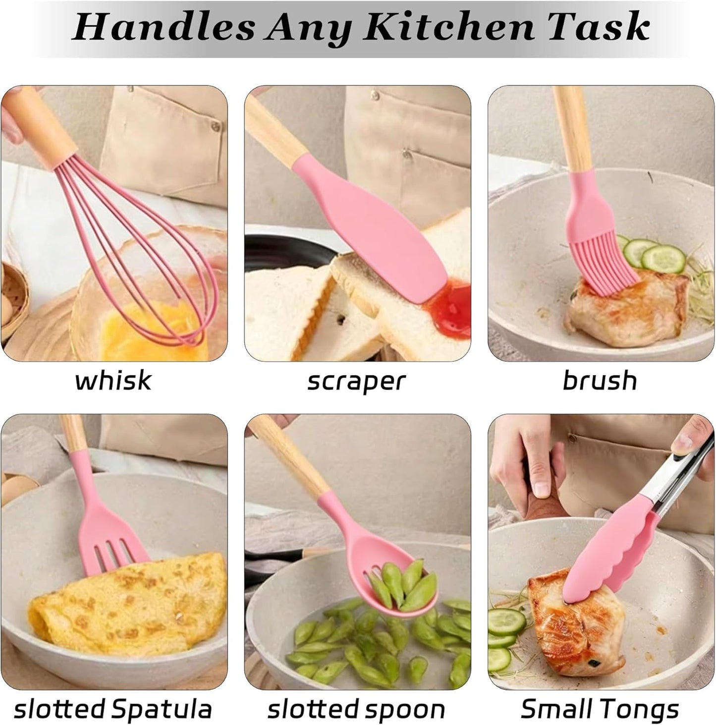 19 Piece Kitchen Utensil Set with Knife Set & Holder, Silicone Cooking Utensil Set with Wooden Handle, Heat Resistant Kitchen Tools Set for Nonstick Cookware Pink