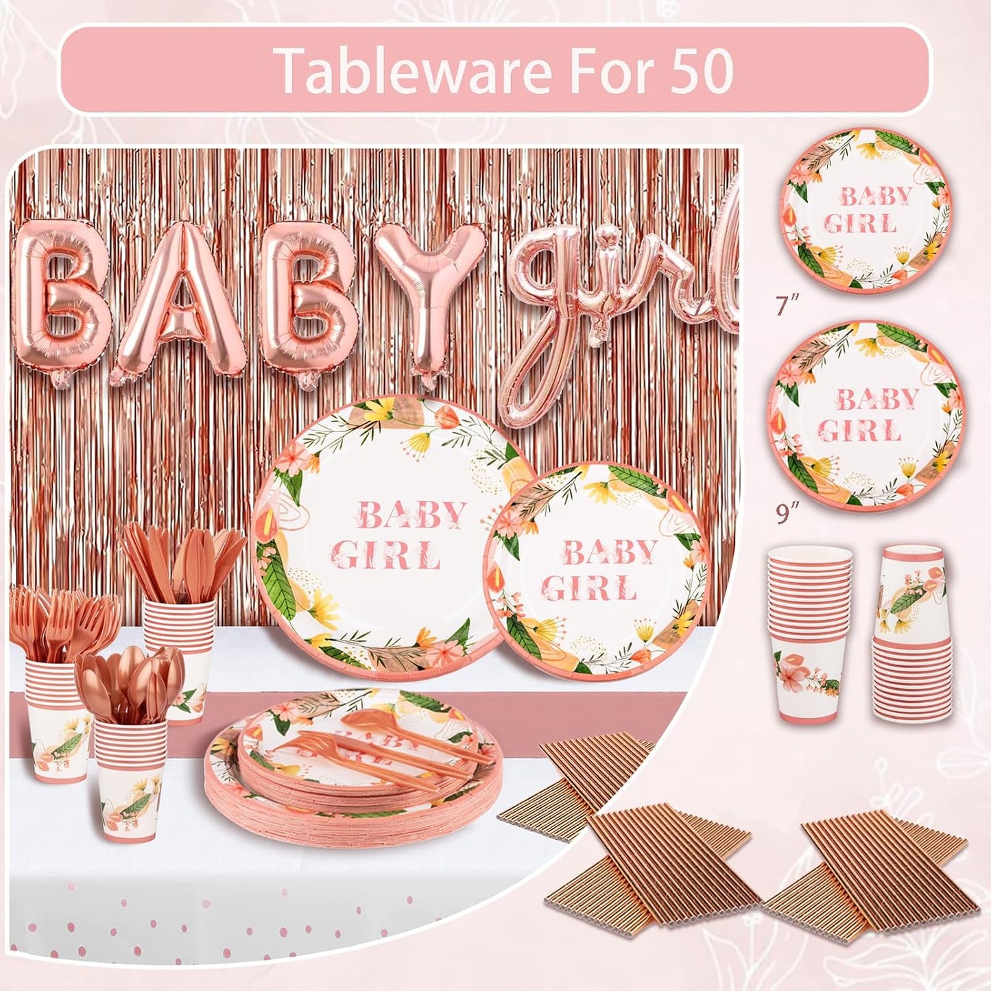 Guudmua 301Pcs Baby Shower Decorations For Girl, Girl Baby Shower Decorations Kits - Disposable Dinnerware Set With Pink Rose Gold Floral (50 Guest), "BABY girl" Banner, Balloon, Sash, Cake Topper