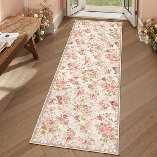 Lahome Floral Runners for Hallways Non Slip, 2x6 Washable Kitchen Runner Rug, Soft Boho Throw Carpet for Girls Bedside Bedroom Laundry Bathroom Nina Beige/Pink/Multi