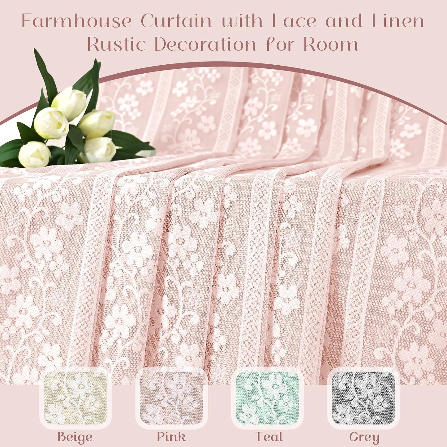 ASPMIZ Linen Valances for Windows Farmhouse, Double Layers Kitchen Curtains with Linen and Lace, Rustic Valance Curtains for Small Window, Kitchen, Bathroom, Cafe, 52 x 18 Inch Rod Pocket, Pink