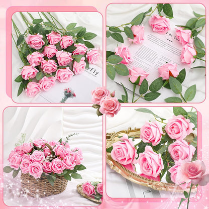 36 Pcs Pink Velvet Texture Soft Artificial Flowers Bridal Bouquet, Real Touch Fake Rose Long Stem Realistic Flowers Bulk for DIY Wedding Ball Arrangement Centerpiece Party Home Decor