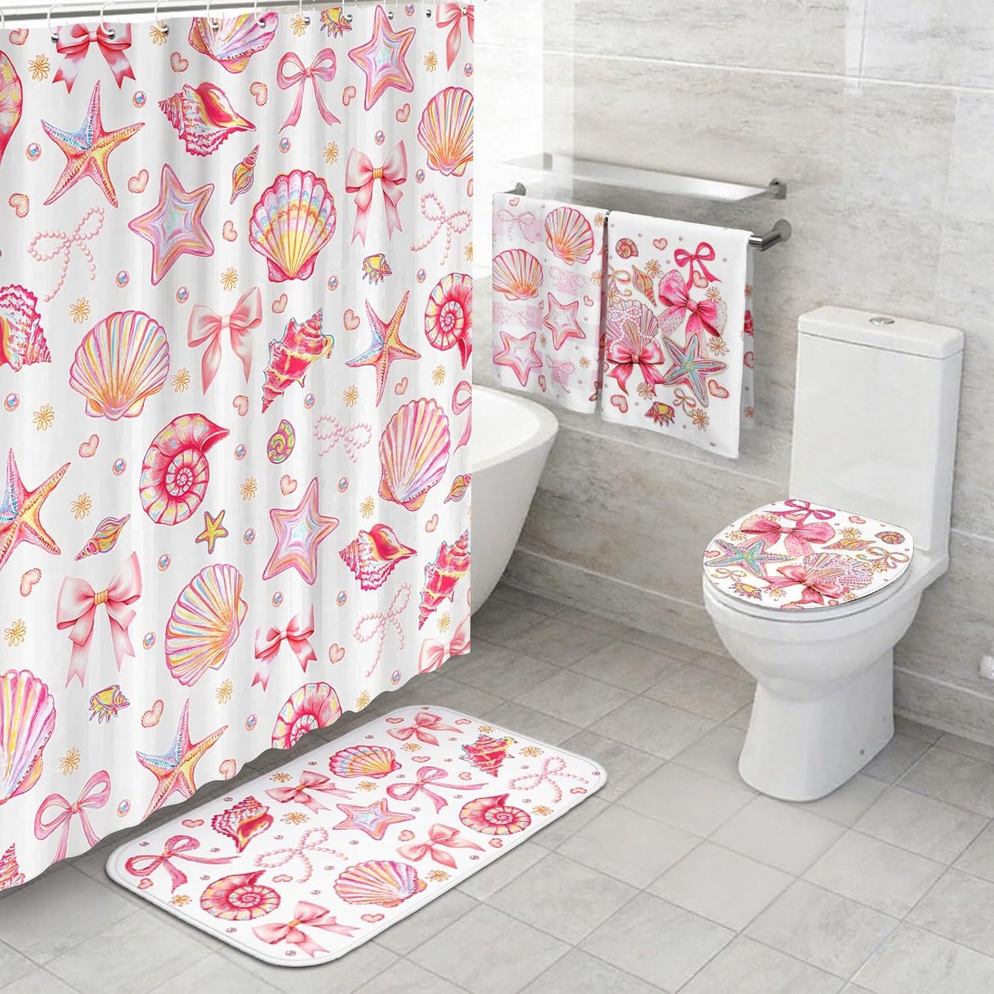 Tatuo 8 Pcs Beach Shower Curtain Set Blue Bow Ocean Summer Beach Party Bathroom Accessories Sets Coquette Starfish Coastal Waterproof Shower Curtain with Towels Carpet Bath Mat Toilet Rugs 12 Hooks