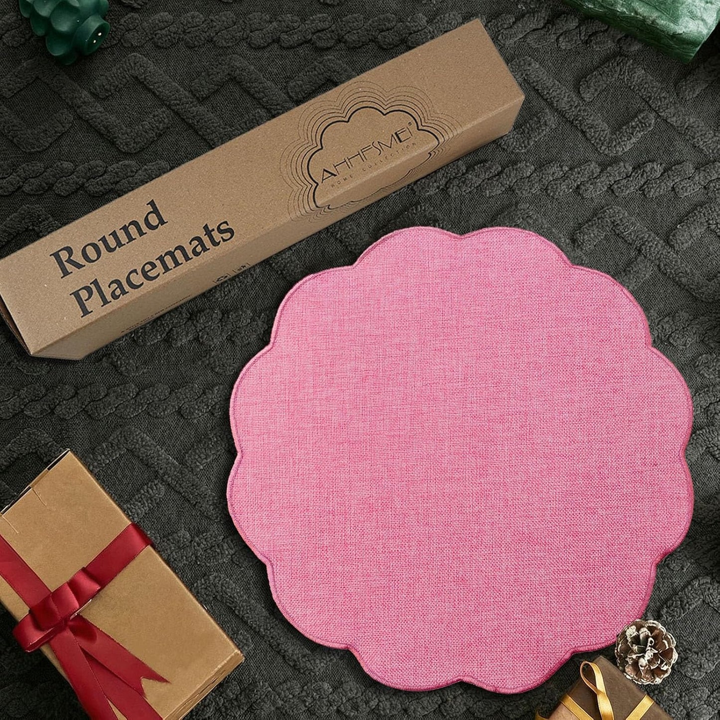 AHHFSMEI Round Faux Linen Placemats Set of 6 Heat Resistant Non-Slip Stain Proof Table Mats for Kitchen Dining Elegant Decor Place Mats (6, Pink)