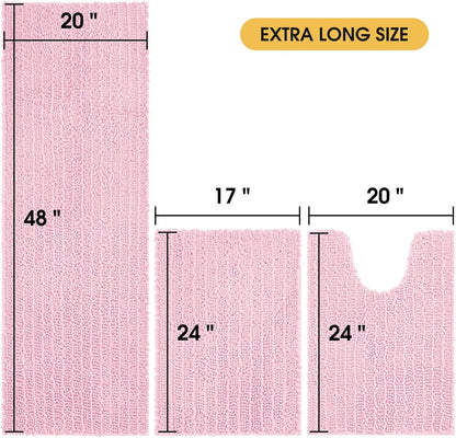 ACCUMTEK Upgrade Extra Large Pink Bathroom Rug Set 3 Pieces Ultra Soft, Thick Absorbent Bath Mats, Non Slip Chenille Toilet Mat for Bathroom, Bedroom, Kitchen