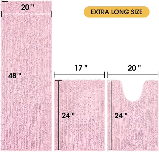 ACCUMTEK Upgrade Extra Large Pink Bathroom Rug Set 3 Pieces Ultra Soft, Thick Absorbent Bath Mats, Non Slip Chenille Toilet Mat for Bathroom, Bedroom, Kitchen