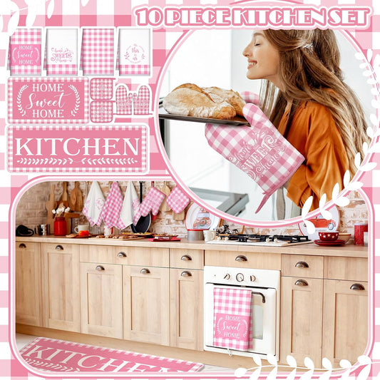 Fourluoo 10 Pcs Kitchen Set Kitchen Towels and Rugs Oven Mitts and Pot Holders Farmhouse Decor for Women Mom Gift Cooking Baking Grilling(Pink White)