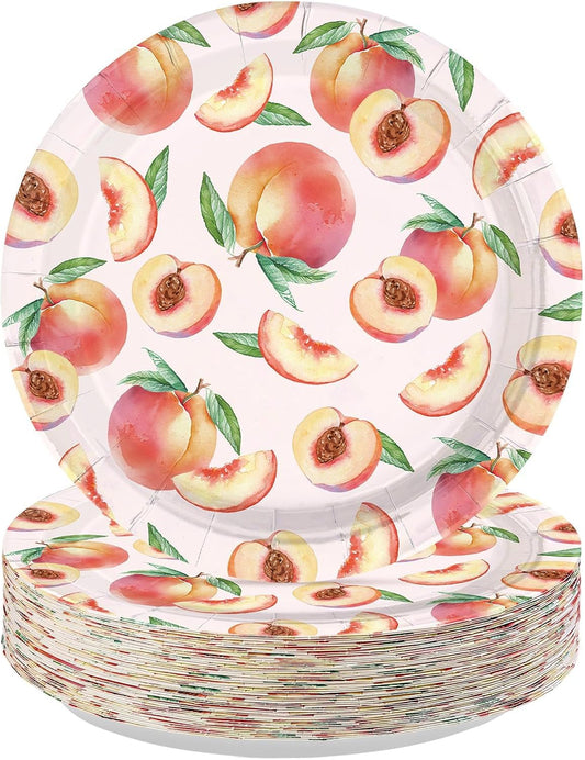 50Pcs Peach Paper Plates 10 Inch Large Heavy Duty Disposable Sweet As Peaches Dessert Platter Spring Summer Fruit Dinner Plates for Wedding Birthday Baby Shower Party Supplies
