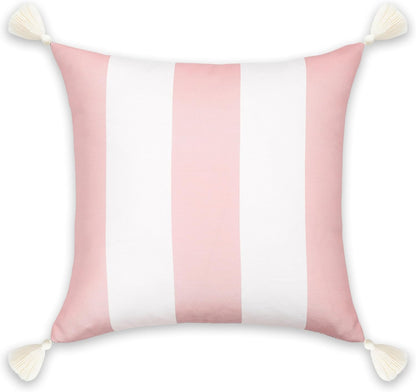 Hofdeco Premium Coastal Patio Indoor Outdoor Throw Pillow Cover Only, 20"x20" Water Repellent for Backyard, Couch, Blush Pink Wide Stripes with Tassels