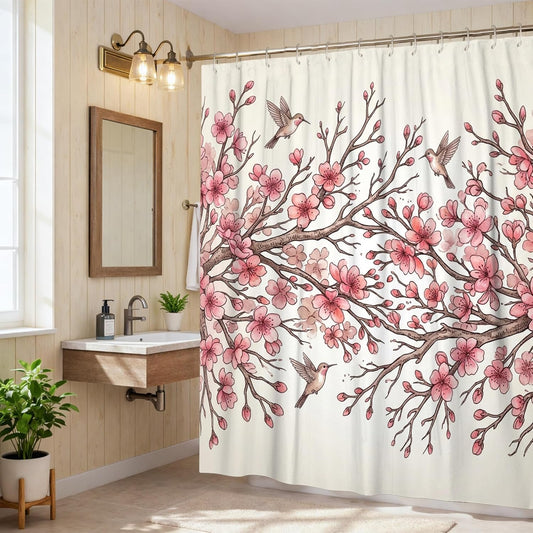 Cherries Blossom Shower Curtain, Spring Natural Bird Branch Spring Peach Polyester Waterproof Decorative Bathroom Curtain for Bathroom Toile Guest Room Decor 72x84 Inch